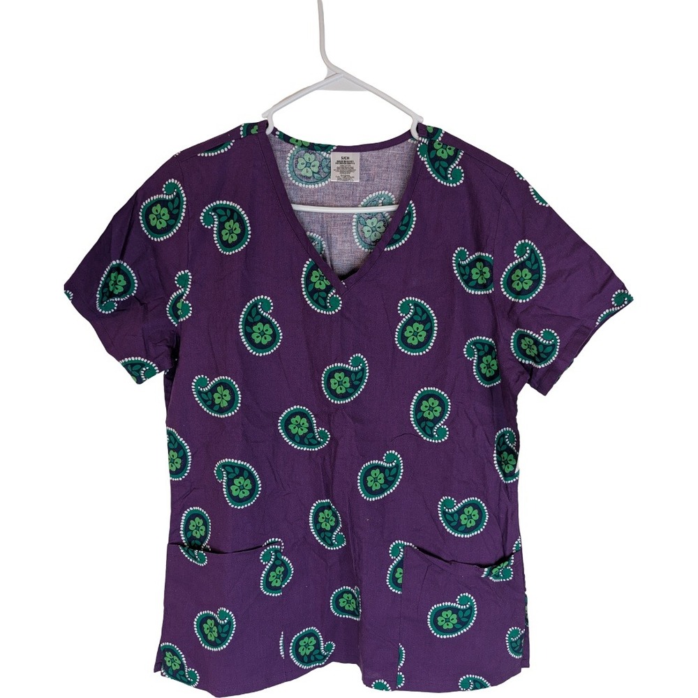 Walmart Basic Scrub V Neck Top Small Purple Prune Paisley Floral Cotton